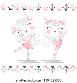 Cute ballerina cats dancing ballet in pink tutu