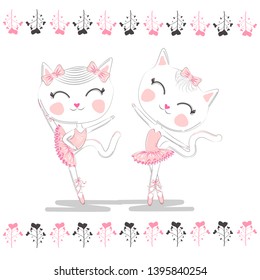 Cute ballerina cats dancing ballet in pink tutu