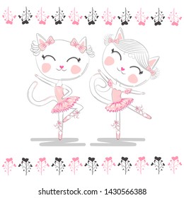 Cute ballerina cats dancing ballet in pink tutu