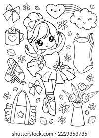 Balerina con ropa, taza, flores y arcos. Libro de colores con bailarina. Bailando. Ilustración vectorial en blanco y negro.