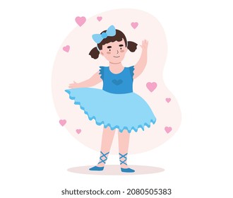 Cute Ballerina concept. Little smiling girl in tutu, pointe shoes. Female character dances classical performance. Design element for printing on children clothing. Cartoon flat vector illustration