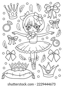 Cute ballerina with crowns and bows. Coloring book with ballerina. Dancing. Black and white vector illustration.