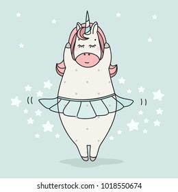 Cute ballerina dancer unicorn. Cartoon illustration. Doodle art of magic creature. Can be used for baby t-shirt print, print design, kids wear, baby shower celebration greeting and invitation card.