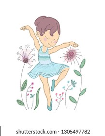 Cute ballerina dancing among flowers. Embroidery style, sashiko. Vector illustration of embroidery and textile applique. Art quilt. Ornamental pattern for fashion textile, fabric or invitation card.