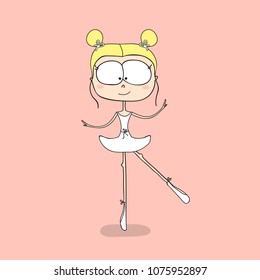 Cute ballerina dancing cartoon hand drawn vector illustration. Can be used for t-shirt print, kids wear fashion design, baby shower celebration greeting and invitation card.