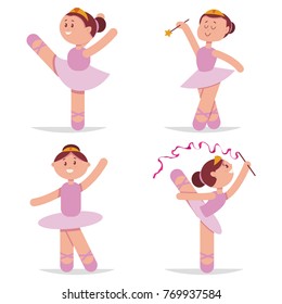 Cute ballerina dancing cartoon vector set. Little princess character isolated on white background.