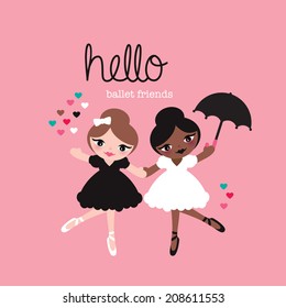 Cute ballerina dancing girls ballet friends illustration cover design in vector