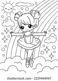 Una adorable bailarina está bailando en una nube con un arco iris. Libro de colores con bailarina. Bailando. Ilustración vectorial en blanco y negro.