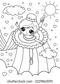 Una adorable bailarina está bailando sobre un arco iris. Libro de colores con bailarina. Bailando. Ilustración vectorial en blanco y negro.