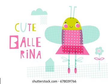 Cute ballerina: doodle vector illustration with butterfly for kids. Fashion baby print in pink, green and turquoise colors.
