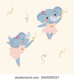 Cute ballerina elephants illustration with flowers and ribbon. Isolated elements.