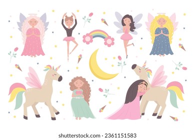 Cute ballerina fairies and angels in naive child style, unicorn and princess set vector cartoon characters illustration isolated.