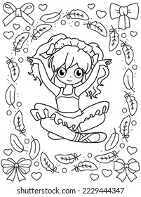 

Una adorable bailarina con plumas y arcos. Libro de colores con bailarina. Bailando. Ilustración vectorial en blanco y negro.