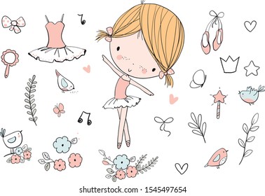 Cute ballerina girl. Ballet set.