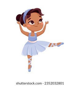 Cute Ballerina Girl in Blue Tutu Skirt and Pointe Shoes Dancing Ballet Vector Illustration