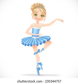 Cute ballerina girl dancing in blue dress isolated on a white background