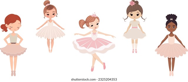 Cute Ballerina Girl Bailando. Cinco Ballerinas Multiculturales. Los niños afroamericanos usan vestimenta rosada tutu y bailan entrenamiento de punta. Ilustración del vector de dibujos animados de la niña de ballet caucásica