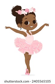 Cute Ballerina Girl Dancing. Little Ballerina in a Pink Tutu Dress and Rose Flowers Wreath. Adorable African American