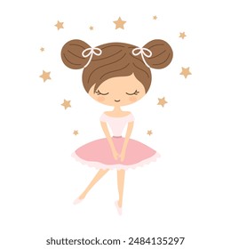 cute ballerina girl dancing, little ballerina in pink dress isolated, flat style