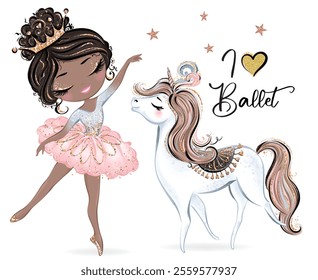 Cute Ballerina Girl Dancing. Little Ballerina in a Pink Tutu Dress and Crown. Adorable. African American Ballerina