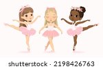 Cute Ballerina Girl Dancing. Three Multicultural Ballerinas Set. African American Child wear Pink Tutu Dress and Dancing Pointe Training. Caucasian Ballet Baby Girl Cartoon Vector Illustration.