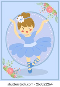 Cute ballerina girl with dress tutu dancing ballet in blue theme background.