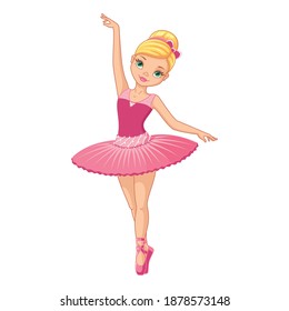 Cute ballerina girl in pink dress dancing. Cartoon vector illustration