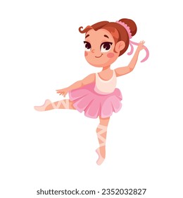 Cute Ballerina Girl in Pink Tutu Skirt and Pointe Shoes Dancing Ballet Vector Illustration