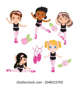 Cute ballerina girl in various pose set. Flat vector cartoon design