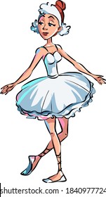 Cute ballerina girl in white dress dancing vector Illustration on a white background