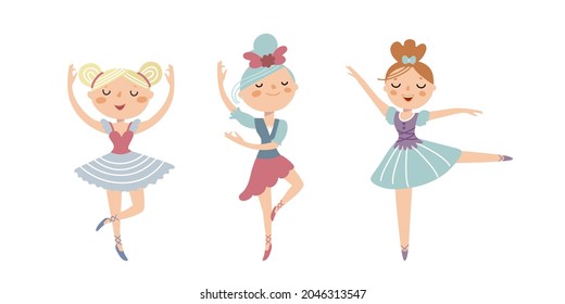 Las bailarinas se montan. Niñas pequeñas bailando. Colección de graciosas princesas de moda de dibujos animados. Ilustración vectorial dibujada a mano aislada en blanco. Diseño plano. 