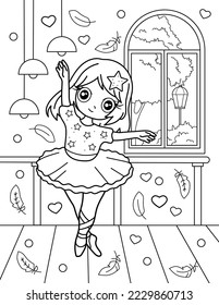 Cute bailerina es una habitación. Libro de colores con bailarina. Bailando. Ilustración vectorial en blanco y negro.