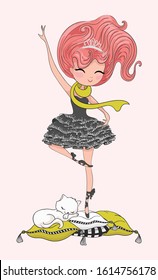 Cute ballerina and lovely cat vector illustration.