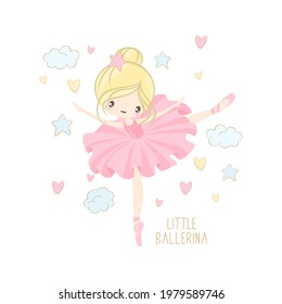 Cute ballerina on the background of stars, clouds and hearts. Vector illustration in a simple style.