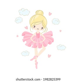 Cute ballerina on the background of stars, clouds and hearts. Vector illustration in a simple style.