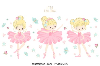 Cute ballerina on the background of stars, clouds and hearts. Vector illustration in a simple style.