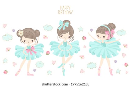 Cute ballerina on the background of stars, clouds and hearts. Vector illustration in a simple style.
