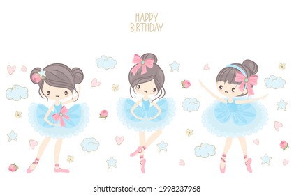 Cute ballerina on the background of stars, clouds and hearts. Vector illustration in a simple style.