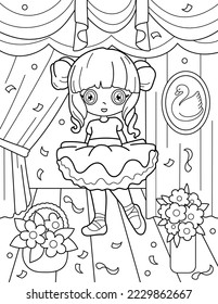 Cute ballerina on the stage with flowers after the performance. Coloring book with ballerina. Dancing. Black and white vector illustration.