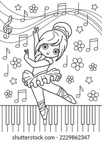 
Balerina, piano y notas. Libro de colores con bailarina. Bailando. Ilustración vectorial en blanco y negro.