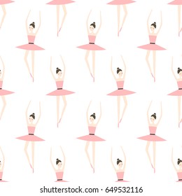 Cute ballerina in pink tutu seamless pattern on white background. Ballet dancer vector illustration. Fashion design for textile, wallpaper, fabric, print on baby's clothes.