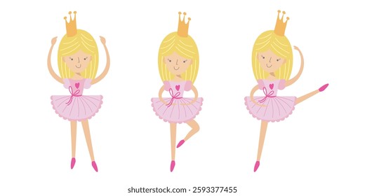 Cute ballerina princess in pink tutu and crown dancing. Vector illustration of adorable blonde girl in ballet poses. Childlike and playful design for kids, fairytale themes, and decorations.