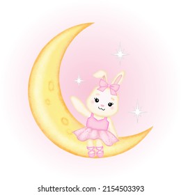 Cute Ballerina Rabbit Sitting On Crescent Moon. Watercolor Style Vector