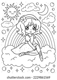 Cute ballerina sits on a cloud with a rainbow. Coloring book with ballerina. Dancing. Black and white vector illustration.