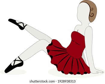 cute ballerina sitting on the floor with her leg raised and looking at her, isolated on a white background 