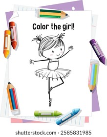 A cute ballerina surrounded by colorful crayons