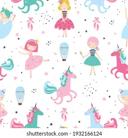 Cute ballerina with sweet unicorn childish seamless pattern. Creative nursery texture. Perfect for kids design, fabric, wrapping, wallpaper, textile, apparel