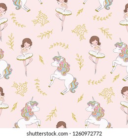 Cute ballerina with sweet unicorn pattern design for kids artworks, wallpapers, prints.