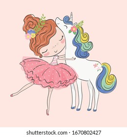 Cute ballerina with sweet unicorn vector illustration, kids fashion artworks 