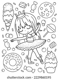 Cute ballerina with sweets, ice cream and cupcakes. Coloring book with ballerina. Dancing. Black and white vector illustration.